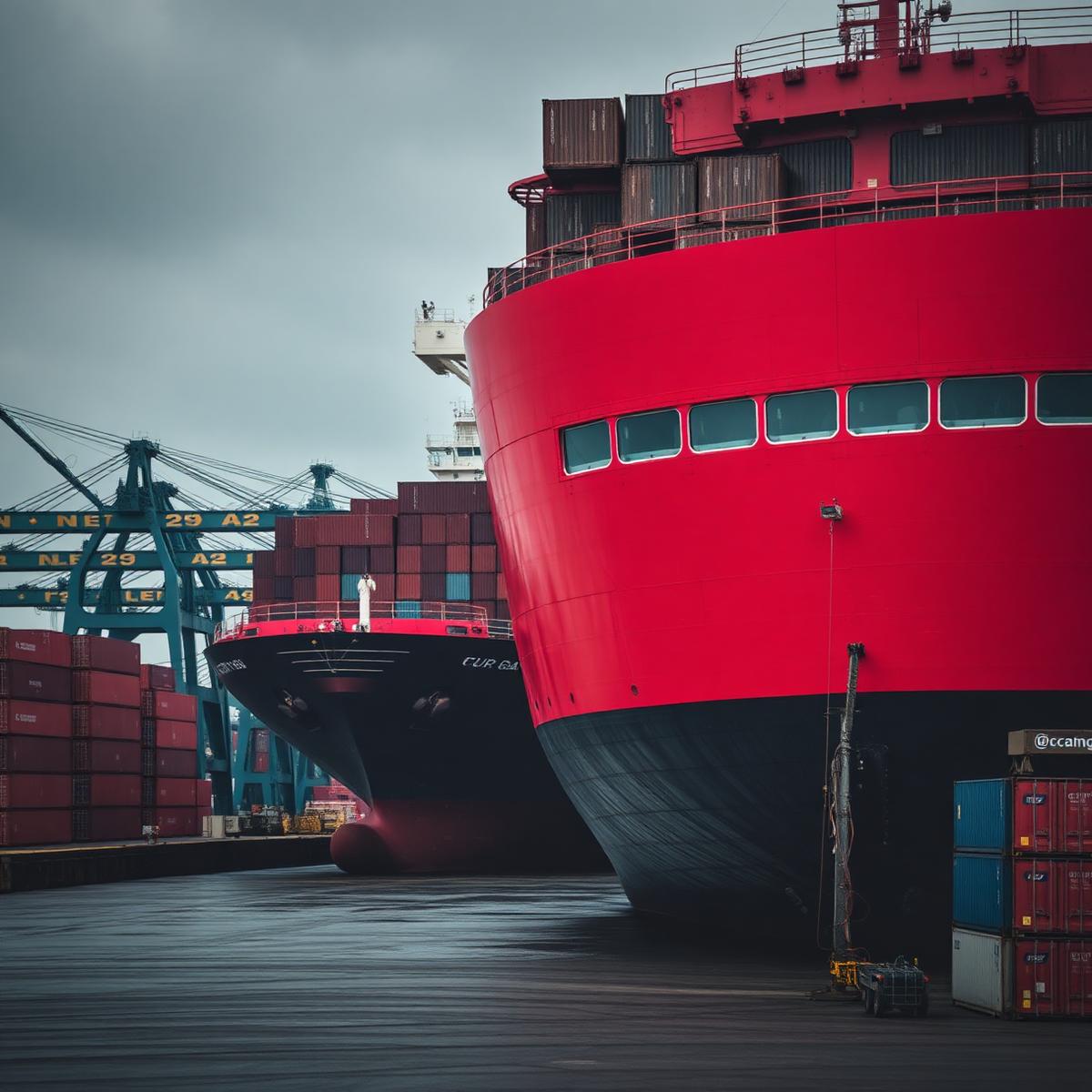 Cargo ship docked at an industrial container terminal